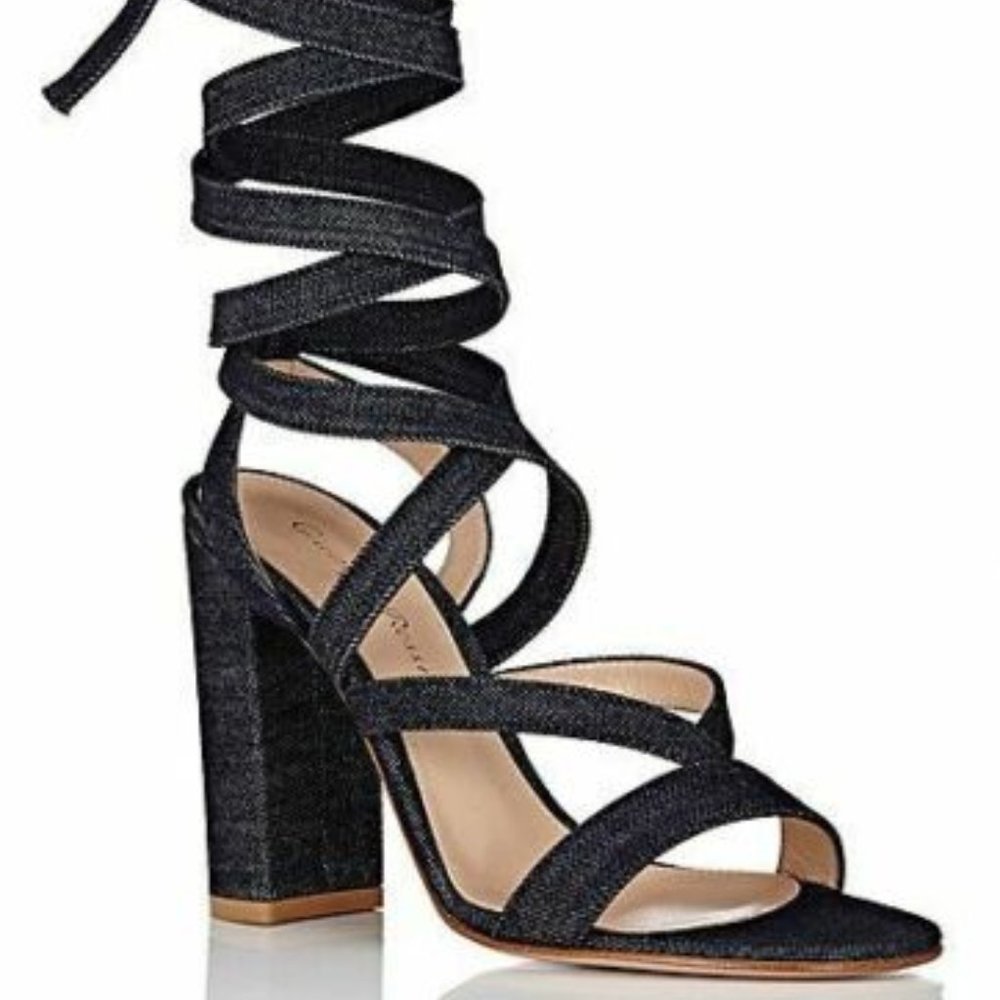 NEW Gianvito Rossi Denim Janis Sandals Lace Up Gla